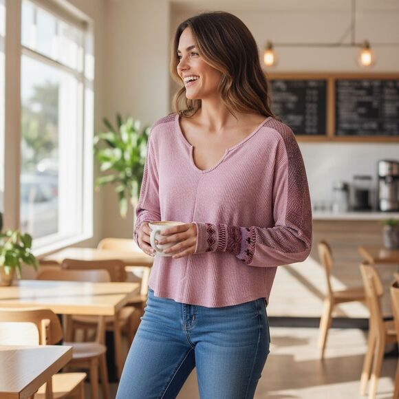 Daily Practice Shirt Womens XS Pink Waffle Knit Thermal Long Sleeve Split Neck - Picture 12 of 12